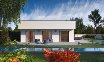 Maison de famille moderne en maçonnerie à 4 pièces avec toit plat. Un toit à pignon ou à pans est également possible.